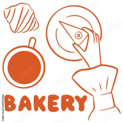 Bakery hand drawn doodle with croissant coffee cup and pastry serving illustration