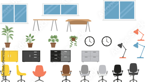 Flat vector illustration set of business professionals working in an office environment including team collaboration desk work laptop tasks and group meetings isolated on white background.