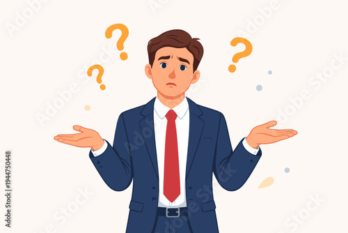 Confused businessman in a blue suit and red tie shrugging his shoulders with question marks around his head, representing uncertainty, doubt, and decision-making in a professional business context.