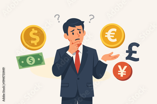 Thoughtful businessman in a suit analyzing global currency options like dollar, euro, pound, and yen, representing financial planning, forex trading, investment choices, and market uncertainty.