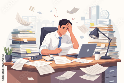 Stressed corporate employee sitting at a messy office desk overwhelmed by piles of paperwork and flying documents, bureaucracy and workload concept, flat vector illustration of busy businessman.