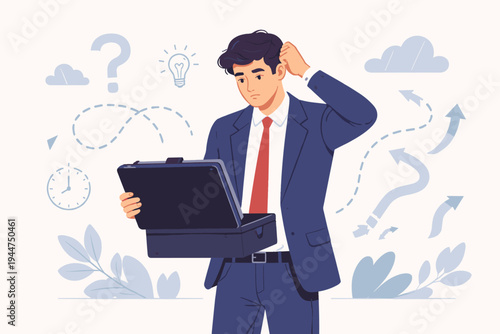 Confused Businessman in Suit Looking into Open Briefcase, Uncertain About Future Career Path and Job Decisions, Thinking with Question Mark and Idea Lightbulb Symbols, Flat Vector Illustration