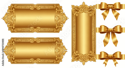 Golden ornate frames and ribbons elegant gift set vector illustration