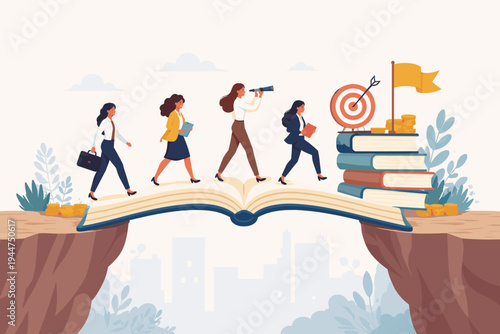 Group of businesswomen walking on an open book bridge over a cliff to reach a stack of books, target, and coins, symbolizing career growth, education, knowledge, and professional success.