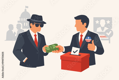 Vector illustration of a lobbyist handing money to a politician at a ballot box, representing political corruption, bribery, dark money, and buying election votes in a democratic system.