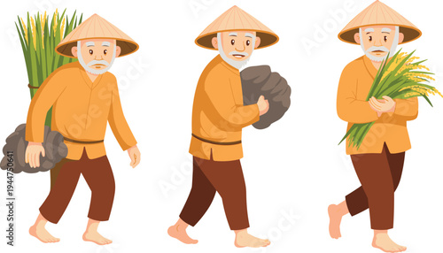 Cartoon Vietnamese farmer character, carrying rice crops, rural farming life, traditional outfit, working in agriculture, elderly man, cultural illustration.