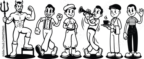 Vintage rubber hose cartoon lineup showing devil strongman smiling bowtie man newsboy trumpet player waiter mime waving classic black white