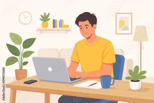 Young man working on laptop at home office desk with plants and notebook, flat vector illustration of remote work, online education, freelance professional, and cozy workspace environment.