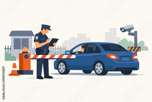 Security Guard at a Checkpoint Gate Checking a Blue Car with a Surveillance Camera, Automatic Barrier Arm, Traffic Cone, and Guard House Flat Vector Illustration for Safety and Control Concepts