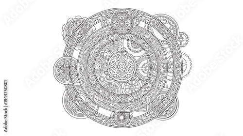 A detailed black and white illustration of a circular mandala, perfect for adult coloring books, offering a calming and creative outlet with its intricate patterns and shapes.