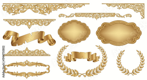 Gold laurel wreaths and crowns set elegant victory vector illustration