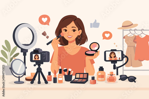 Beautiful young woman influencer recording a makeup tutorial video vlog for social media using a professional camera, ring light, and various cosmetics like lipstick, brushes, and palettes.