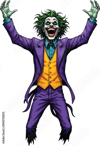 Cartoon villain character, creepy clown artwork, scary comic style, evil joker inspired design, spooky illustration, horror costume, crazy maniac expression