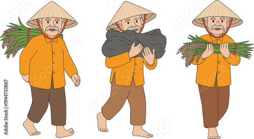 Cartoon Vietnamese farmer character, traditional clothing, rice harvesting, rural life scene, cultural agriculture illustration, elderly man working, vector design.