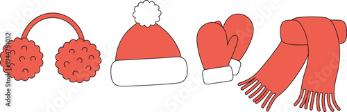 Cartoon winter accessories set, earmuffs, hat, mittens, scarf, red and white theme, seasonal clothing, festive style, kids illustration