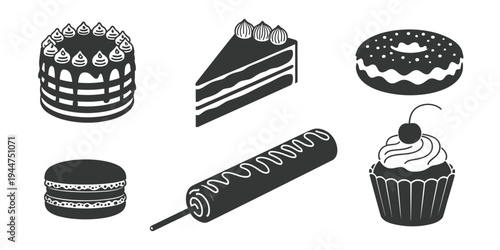 Sweet Delights: An array of delightful baked goods, including cake, slice, donut, macaron, and cupcake, promising a symphony of flavors and textures for every sweet tooth.