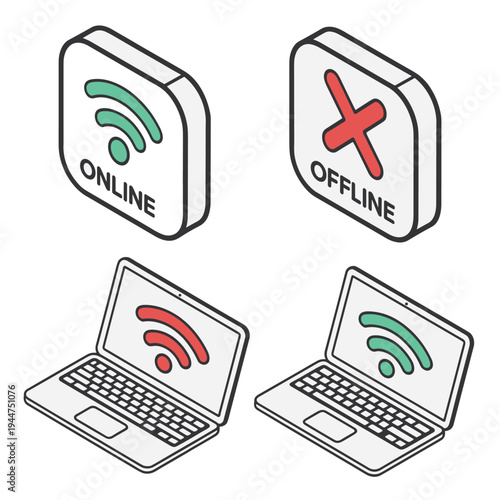Online and Offline Connectivity: Illustrated graphics showcasing internet status and laptop connectivity, symbolizing digital connection and disconnection.