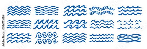 Crayon blue ocean waves patterns set. Curly sea surf lines with rough pastel texture. Children nautical fabric decoration design elements. Vector illustration