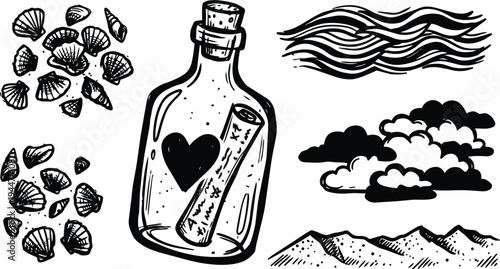 Hand drawn line art close up bottle with heart and message scroll inside surrounded by shells waves clouds mountains coastal