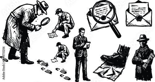 Line art engraving style collage of detectives examining footprints envelopes magnifying glass boot print and investigative notes in high contrast