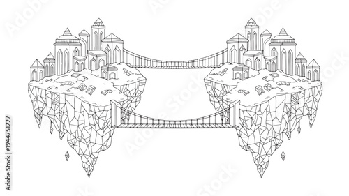 A detailed black and white illustration of a fantasy city with a bridge connecting two cliffs, ideal for adult coloring books, featuring intricate architecture and a serene landscape.