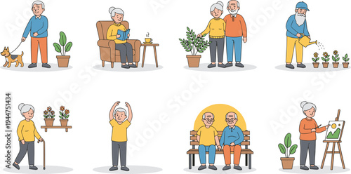 Flat vector illustration set of happy senior citizens engaging in daily activities like walking a dog gardening reading painting and exercising isolated on white background.