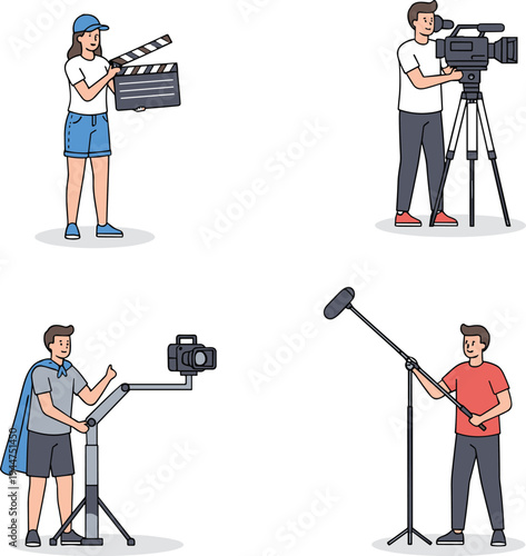Flat vector illustration set of film production crew including camera operator boom mic technician clapperboard assistant and crane operator isolated on white background.