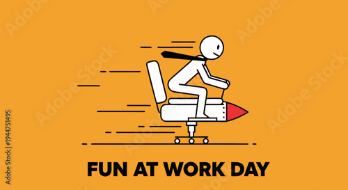 Energetic stickman businessman riding a high speed rocket office chair celebrating fun at work day on orange background