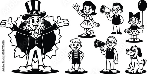 Vintage cartoon uncle sam character welcomes audience with open arms cheering children boy girl megaphone balloon smiling dog black white