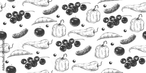 Seamless pattern with vegetables. Engraving with paprika, cherry tomato, peas and cucumbers. Black and white background of vegetables. Pattern for menu