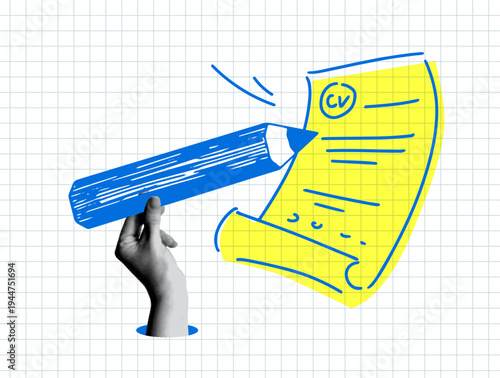 Resume writing. Halftone hand writing a CV. Large pencil in hand. Filling out documents. Modern collage
