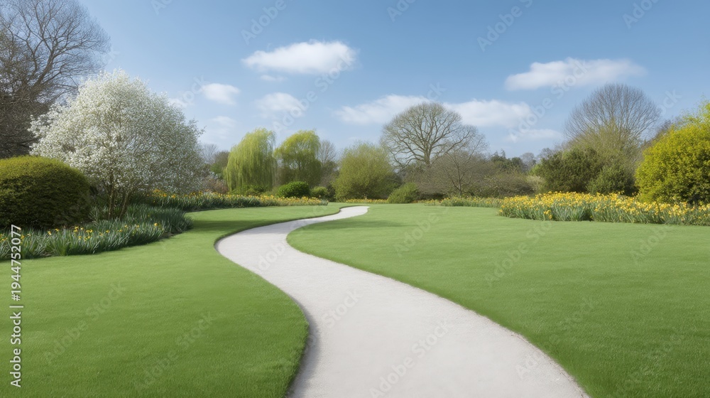 Naklejka premium Serene Spring Landscape Featuring Curved Pathway Through Lush Green Grass and Blooming Flowers Under Clear Blue Sky