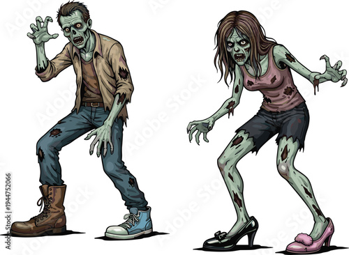 Cartoon zombie couple illustration, scary undead characters, Halloween horror art, spooky walking dead design, creepy monster artwork, mismatched shoes funny detail