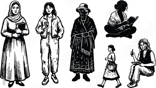 Linocut style diverse women standing and sitting reading sketching holding coffee and books basket portrait vector ink illustration bold contrast