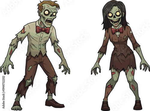 Cartoon zombie couple, glowing eyes, funny undead characters, Halloween vector, horror theme, tattered clothes, spooky pose, scary wounds, stock illustration, creepy design