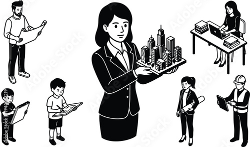 Line art businesswoman holding and presenting miniature city model with architect engineer draftsman children drawing and office worker at desk
