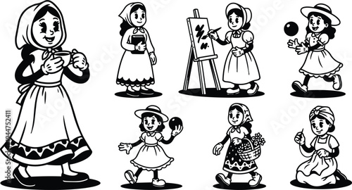 Retro cartoon girls in traditional dresses performing activities holding cup book painting juggling basket sewing black and white vector illustration
