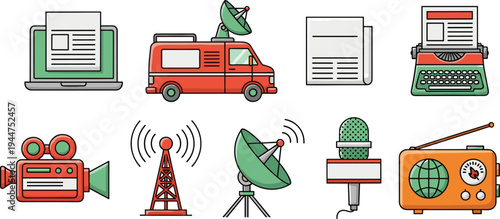 Media icons, communication tools, journalism equipment, broadcasting symbols, satellite dish, radio tower, laptop, microphone, newspaper, video camera, typewriter