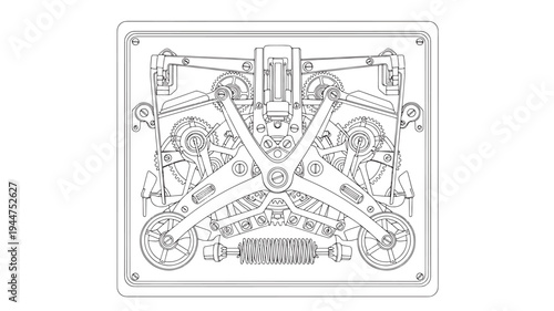 A detailed line drawing of a mechanical device, perfect for adult coloring books, showcasing intricate engineering designs and complex machinery in a square frame.