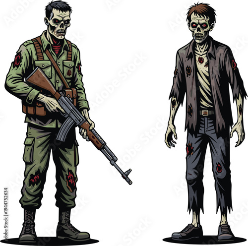 Cartoon zombie duo, military and civilian undead, horror illustration, spooky characters, creepy design, scary artwork, Halloween monsters, decayed figures, stock image