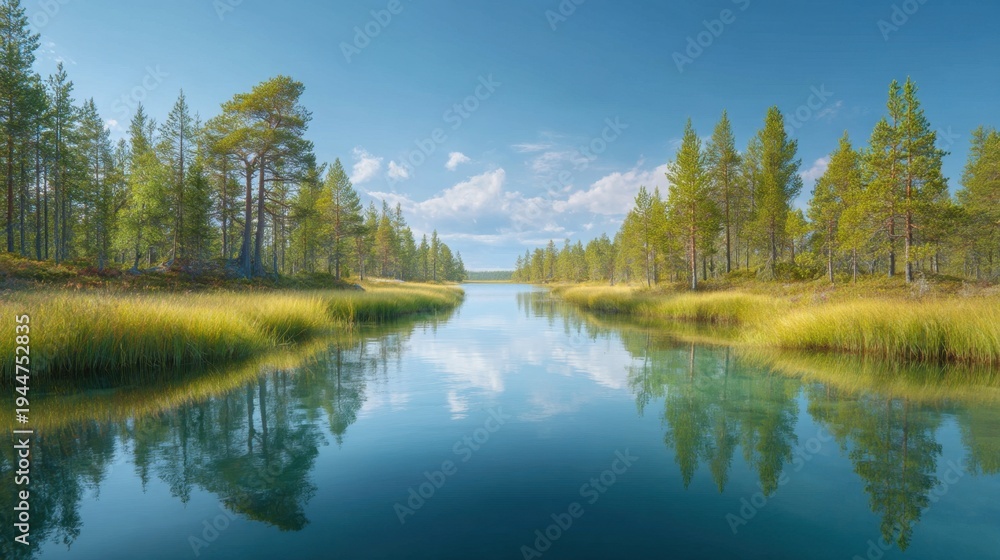 Obraz premium Serene River Flowing Through Lush Green Forest Under Clear Blue Sky and Fluffy White Clouds in Summer Landscape
