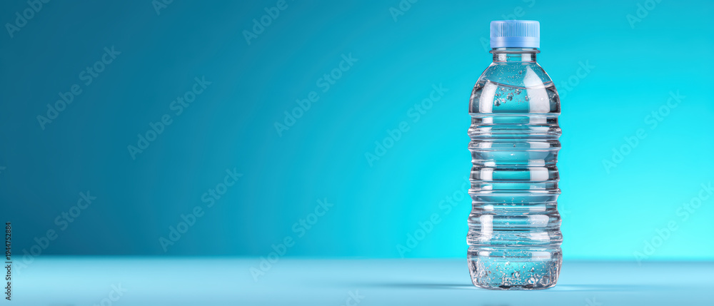© Watercolor_Kawaii - Plastic water bottle with blue cap filled with clear liquid standing on blue surface with gradient blue background, refreshing and clean hydration concept