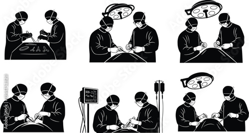 Medical surgery team performing operation in hospital, doctors in surgical masks, operating room equipment, healthcare professionals in action, vector illustration