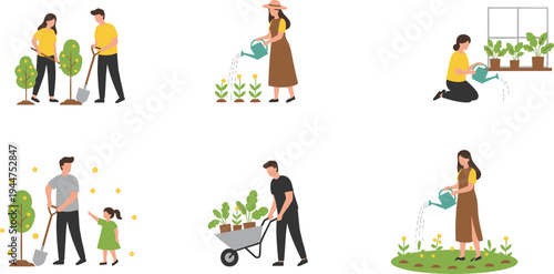 Flat vector illustration set of people gardening and planting trees including watering flowers using a wheelbarrow and digging with a shovel isolated on white background.