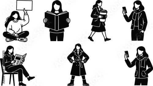 Minimal flat design vector set female silhouettes showing holding sign reading book carrying coffee taking selfie reading newspaper confident pose