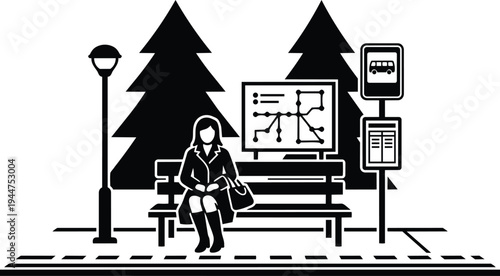 Flat design close up woman sitting on bench waiting at bus stop with city map board and pine trees silhouette