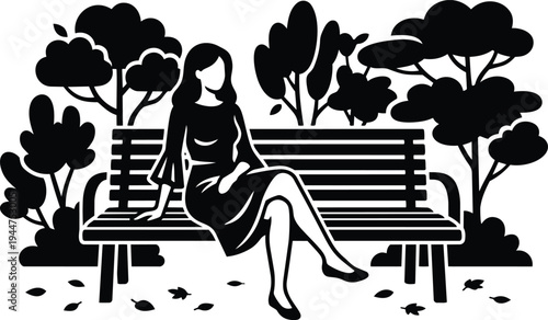 Silhouette vector flat design woman sitting on park bench crossing legs looking away among trees and falling leaves midday sunlight