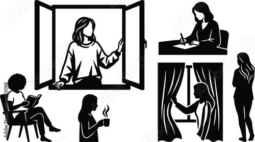 Silhouette flat design woman at open window looking outside reading writing sipping coffee standing by curtained window interior scenes calm