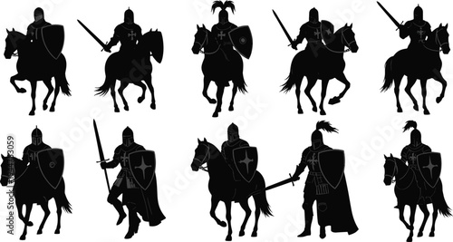 Medieval knights on horseback with swords and shields, armored warriors riding horses, medieval cavalry silhouettes, historical knights, horse riders, battle armor