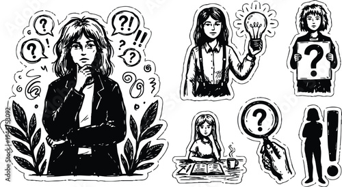 Ink sketch vector set of thoughtful woman thinking holding lightbulb magnifier and question sign expressive sticker designs